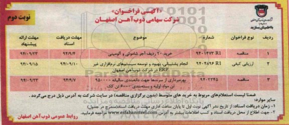 آگهی فراخوان, فراخوان  خرید 20 ردیف آجر شاموتی و آلومینی نوبت دوم 