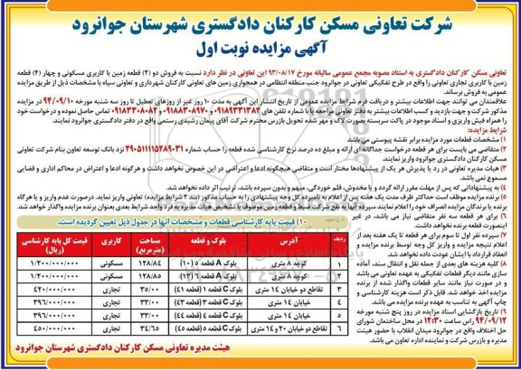 مزایده, نوبت اول فروش دو قطعه زمین مسکونی و4 قطعه زمین تجاری