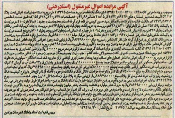 مزایده,به موجب کلاسه 139404001083000034 ششدانگ زمین