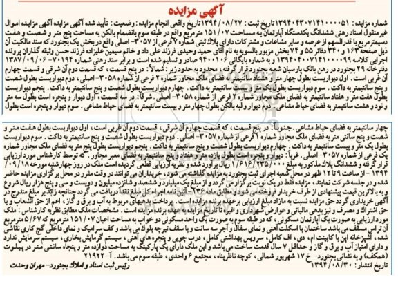 مزایده,اسناد رهنی اپارتمان به شماره مزایده13940430714100051