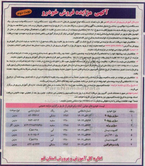 مزایده , مزایده تعداد 7 دستگاه انواع اتومبیل شامل: 3 دستگاه پژو نوبت دوم