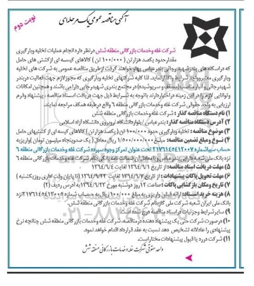 آگهی مناقصه یک مرحله ای , مناقصه تخلیه و بارگیری مقدار حدود 100.000 تن یکصد هزار تن کالاهای کیسه ای از کشتیهای حامل - نوبت دوم 