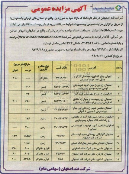 مزایده,عمومی املاک مازاد در استانهای تهران و اصفهان کاربری دفترکار,زمین و انبار