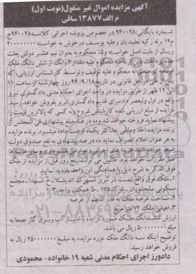مزایده,ملک به شماره بایگانی 940028 نوبت اول