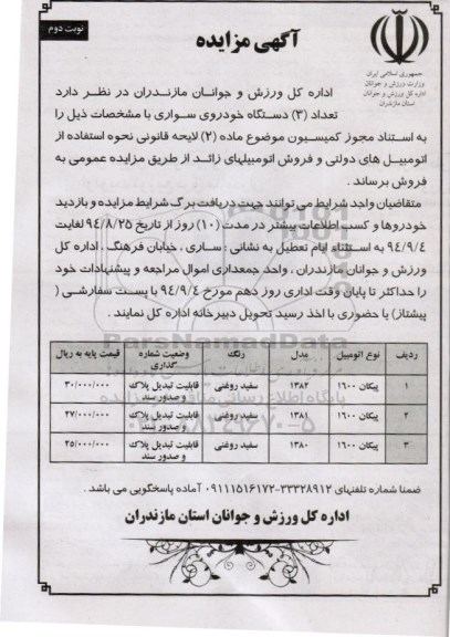 آگهی مزایده , مزایده فروش تعداد 3 دستگاه خودروی سواری نوبت دوم