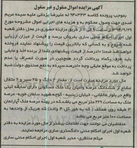 مزایده, مقدار 2 دانگ و 25 سیر و شش مثقال مشاع از ششدانگ ملک مسکونی