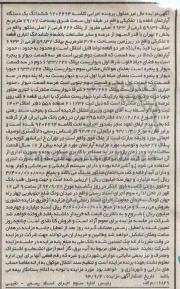 مزایده,قطعه 15 تفکیکی اپارتمان طبقه اول سمت شرق بخش دو با قدرالسهم مساحت 79.07متر