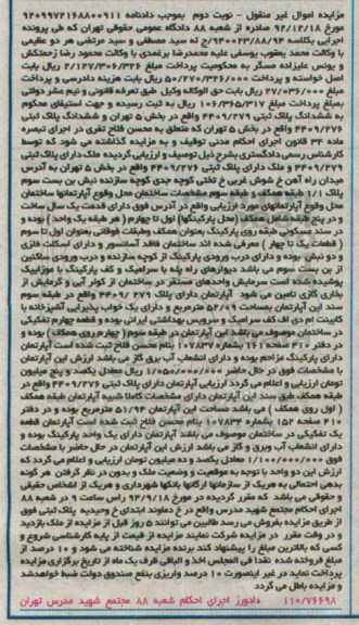 مزایده,نوبت دوم اپارتمان با قدمت یک سال در 5 طبقه کلاسه 940023.88.94