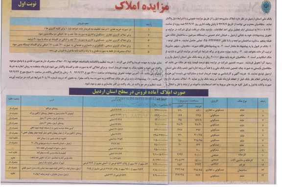 مزایده, واگذاری املاک اماده فروش در سطح استان اردبیل نوبت اول 