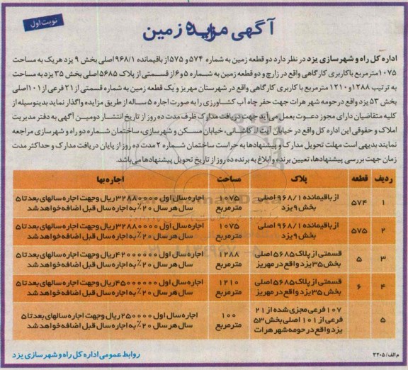 مزایده, مزایده اجاره دو قطعه زمین ....