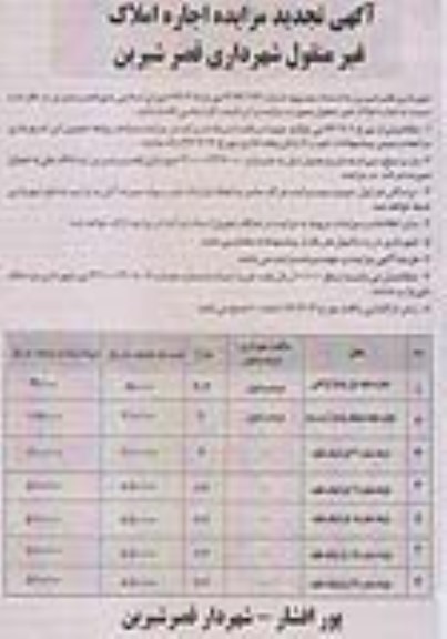 آگهی تجدید مزایده,مزایده اجاره املاک غیرمنقول شهرداری قصرشیرین