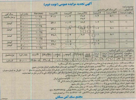 آگهی تجدید مزایده , تجدید مزایده فروش 600.000 تن سنگ آهن نوبت دوم