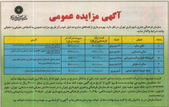 آگهی مزایده عمومی , مزایده بهره برداری از فضاهای کافی شاپ و ...