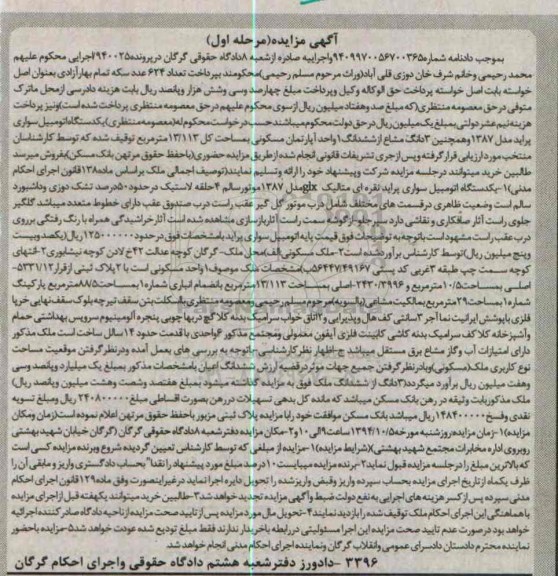 مزایده,ملک مسکونی و یک دستگاه اتومبیل سواری پراید 
