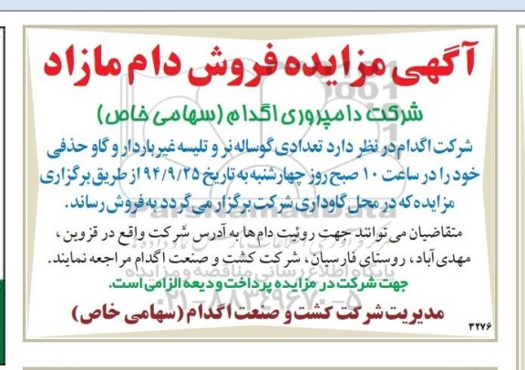 مزایده, مزایده فروش تعدادی گوساله نر و تلیسه غیر باردار و گاو حذفی 