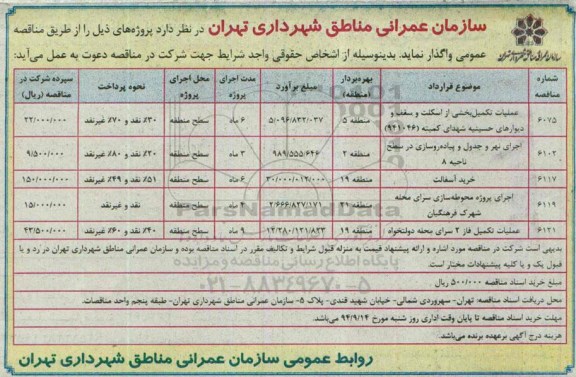 مناقصه , مناقصه عملیات تکمیل بخشی از اسکلت و سقف 