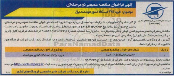 آگهی فراخوان مناقصه ,مناقصه خرید 475 دستگاه کنتور هوشمند برق
