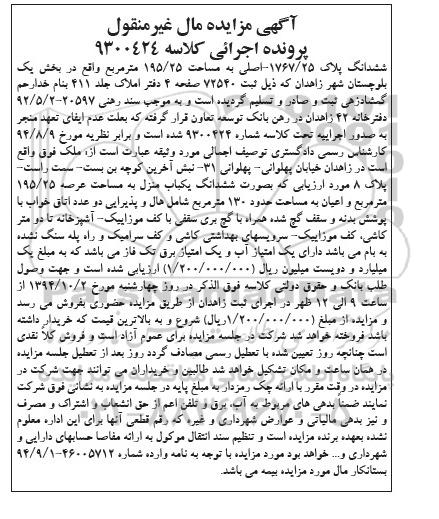 مزایده, کلاسه 9300424 ملک ششدانگ یکباب منزل