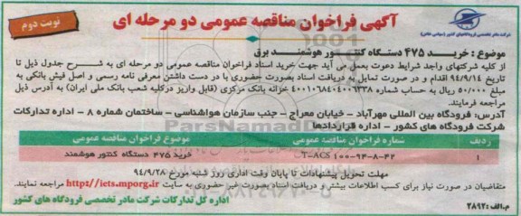 فراخوان مناقصه ,مناقصه خرید 475 دستگاه کنتور هوشمند برق نوبت دوم 