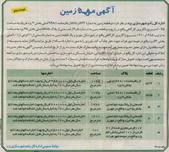 مزایده, مزایده اجاره دو قطعه زمین .... نوبت دوم