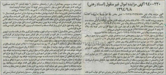 مزایده,پلاک ثبتی مساحت 95.72متر شمالا اول به طول 11.15متر کلاسه 9400220