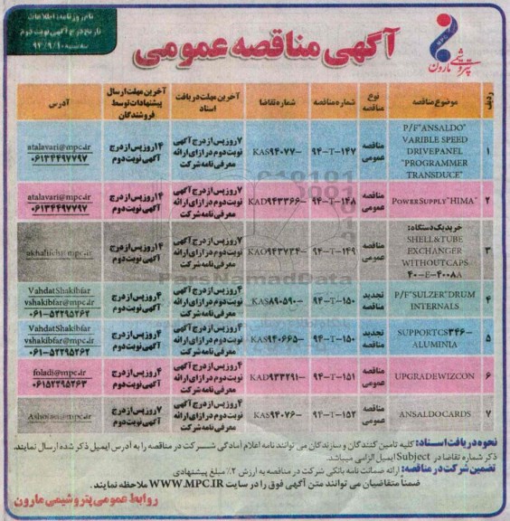 آگهی مناقصه عمومی , مناقصه ansaldo varible speed drivepanel programmer... نوبت دوم