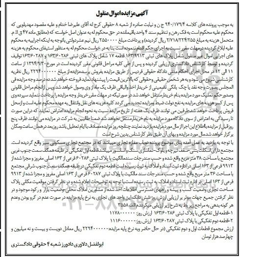 مزایده, 2 باب مغازه تجاری در مجتمع تجاری سبز به کلاسه 940.179.4