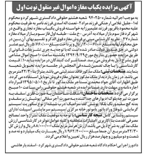 مزایده,مغازه تجاری شماره 47 متراژ بنا 22.30متر نوبت اول کلاسه 940250