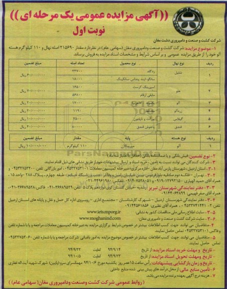 مزایده , مزایده مقدار 215690 اصله نهال و 110 کیلوگرم هسته آلو نوبت اول