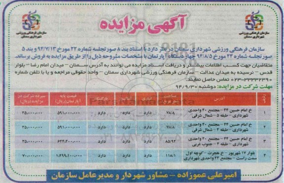 مزایده, فروش 4 دستگاه اپارتمان به استناد بند هشت صورتجلسه شماره 22