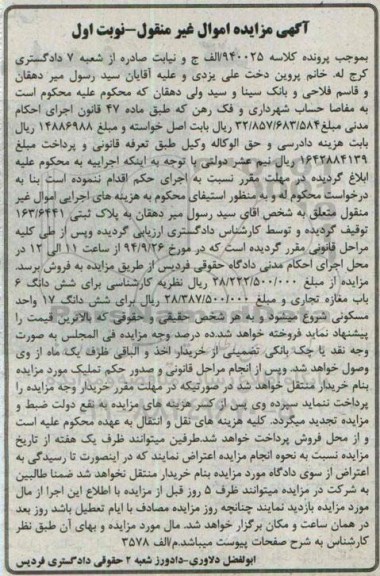 مزایده,ششدانگ شش باب مغازه تجاری و ششدانگ 17 واحد مسکونی کلاسه 940025