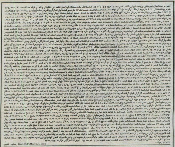 مزایده, اپارتمان قطعه اول تفکیکی طبقه همکف مساحت 125.07متر کلاسه 8600715و15317-3