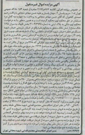مزایده,در خصوص کلاسه 87 اجرا 217  میزان 1.25 دانگ مشاع از ششدانگ 