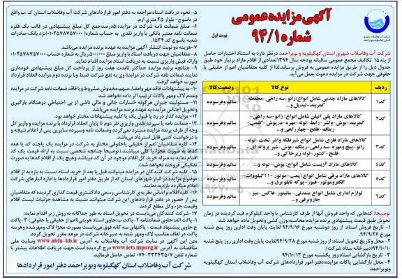مزایده , مزایده فروش تعدادی از اقلام مازاد بر نیاز کالاهای مازاد چدنی شامل انواع : زانو - سه راهی -  نوبت اول 