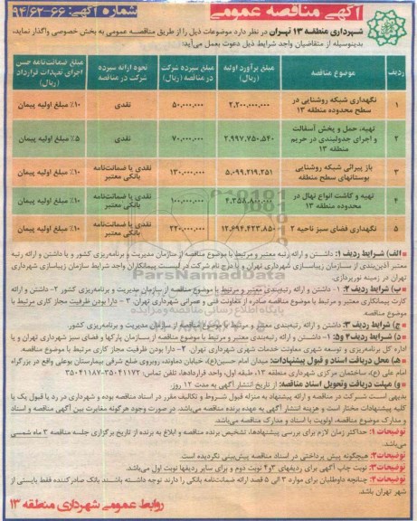 آگهی مناقصه عمومی , مناقصه نگهداری شبکه روشنایی در سطح محدوده