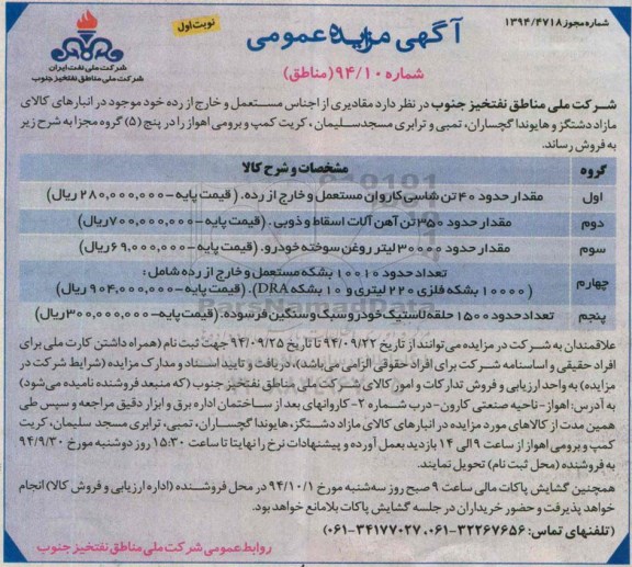 آگهی مزایده عمومی , مزایده مقادیری از اجناس مستعمل و خارج از رده