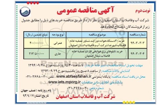 آگهی مناقصه عمومی, مناقصه عمومی خرید 20 دستگاه هواده دور کند شناور و... نوبت  دوم