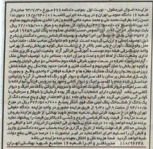 مزایده, اپارتمان سمت جنوب شرقی طبقه دوم ساختمانی دو نبش خیابان ولیعصر کلاسه 940101