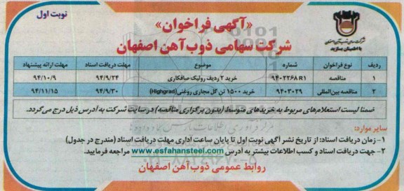 آگهی فراخوان, مناقصه خرید 2ردیف رولیک صافکاری