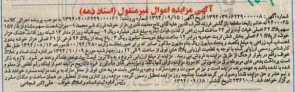 مزایده,میزان 60 سهم مشاع از 157.5سهم پلاک 62 اصلی برابر 24 ساعت اب زراعی کلاسه 9400065