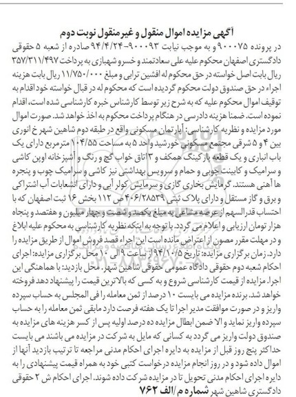 مزایده, اپارتمان مسکونی با احتساب قدالسهم از عرصه مشاعی نوبت دوم در پرونده 900075