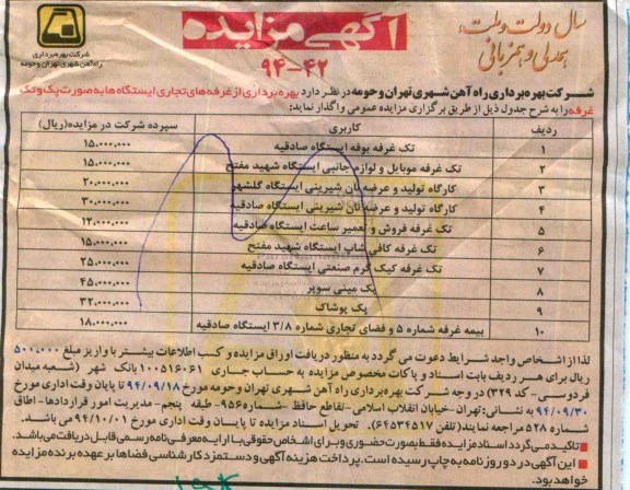 مزایده , مزایده بهره برداری از غرفه های تجاری ایستگاه ها به صورت پک و تک غرفه