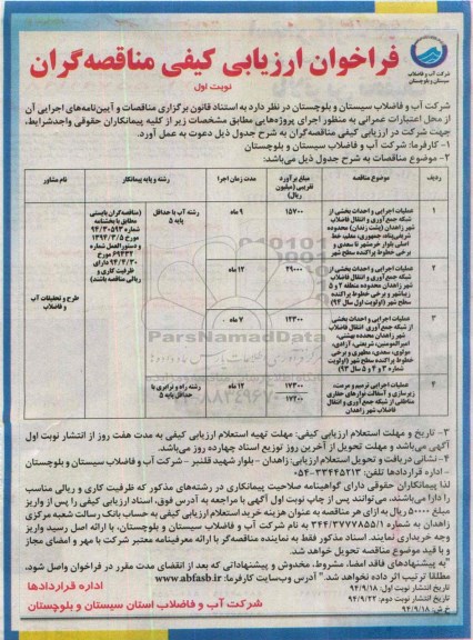 فراخوان , فراخوان عملیات اجرایی و احداث بخشی از شبکه جمع آوری و انتقال فاضلاب شهر  نوبت اول 