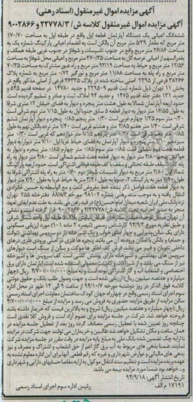 مزایده,اپارتمان قطعه اول کلاسه ش22778.3و9002866