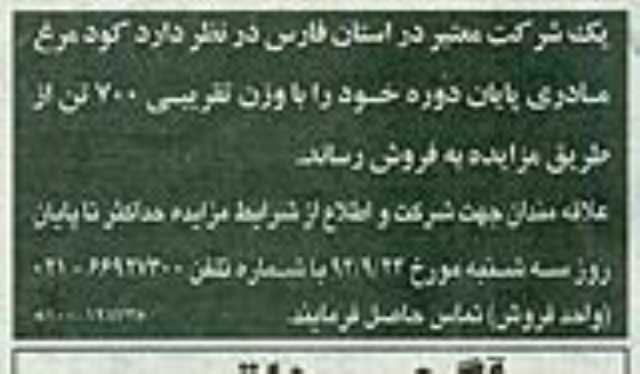 آگهی مزایده , مزایده فروش کود مرغ مادری پایان دوره