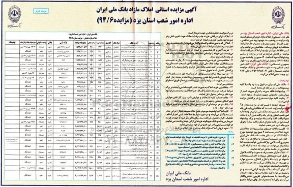 مزایده,مزایده استانی املاک مازاد بانک ملی ایران 94.6 نوبت دوم