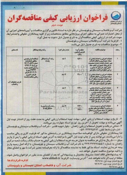 فراخوان , فراخوان عملیات اجرایی و احداث بخشی از شبکه جمع آوری و انتقال فاضلاب شهر  نوبت دوم
