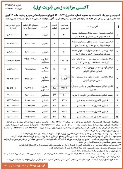 مزایده,فروش تعداد 12 قطعه زمین نوبت اول ماده سیزده ایین نامه شهرداری