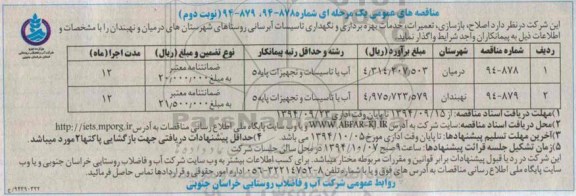 مناقصه عمومی یک مرحله ای, مناقصه اصلاح، بازسازی، تعمیرات، خدمات بهره برداری و نگهداری تاسیسات آبرسانی  نوبت دوم