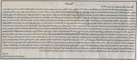 مزایده,اسناد رهنی کلاسه 9300963 اپارتمان بخش 4 گرگان